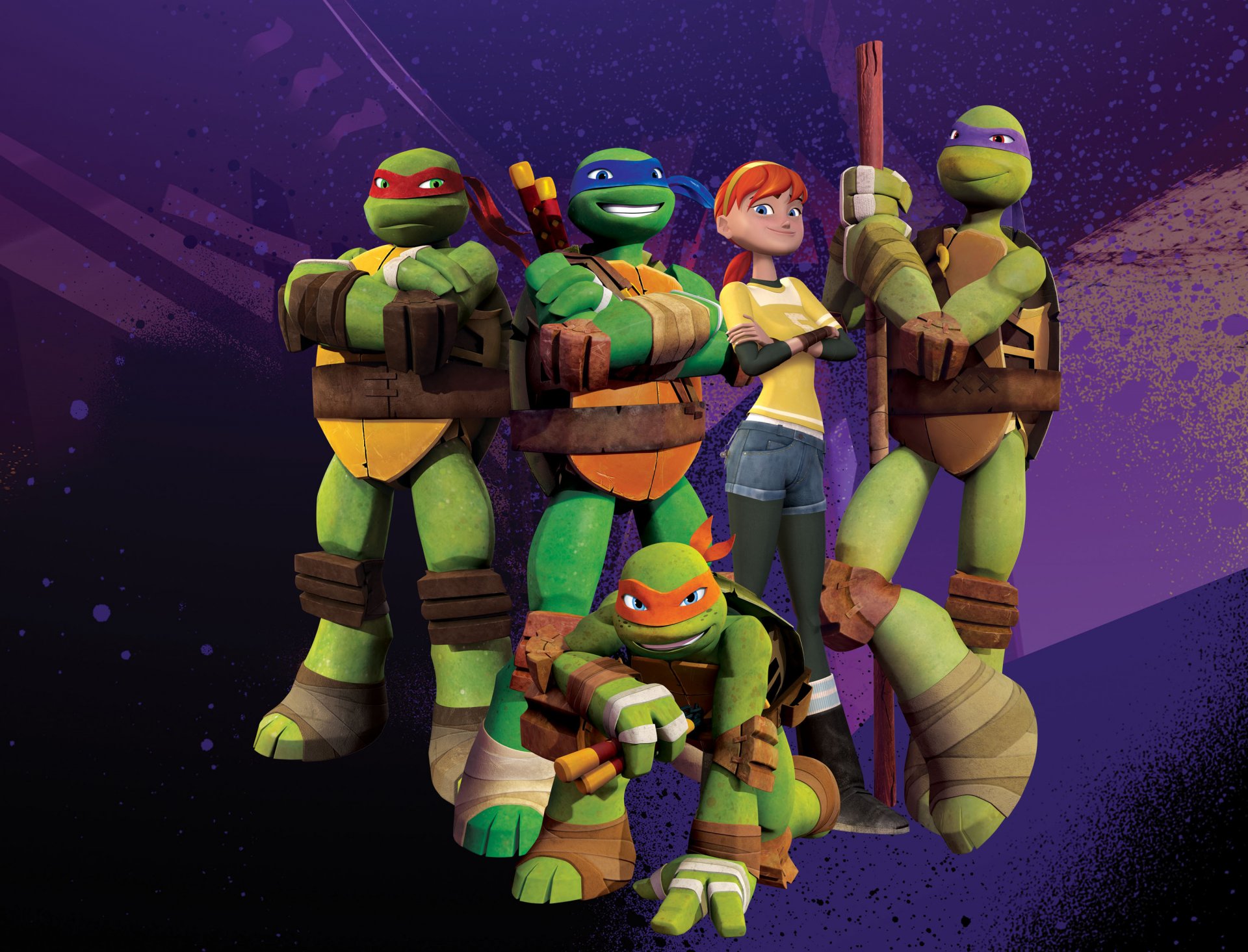 tmnt nickelodeon черепашки-ниндзя черепашки ниндзя леонардо донателло микеланджело рафаэль cgi анимация nicktoon группа поза персонажи оружие зеленый мультфильм 3d 3d мультфильм апрель эйприл о нил tmnt 2012 сериал