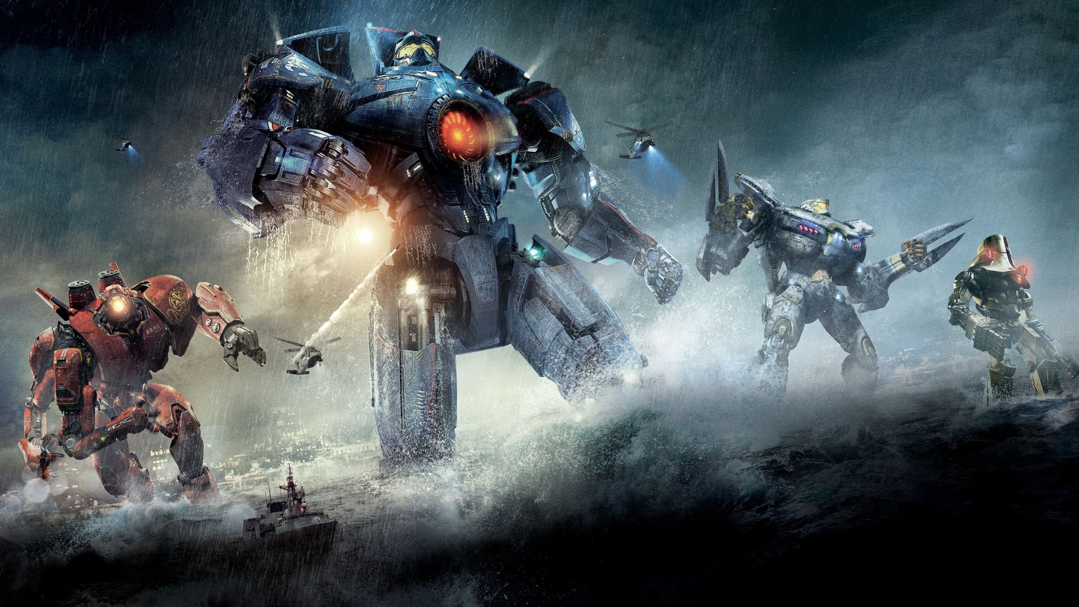 pacific rim pacific rim huntsmen huntsmen robots helicopters ship rain ocean