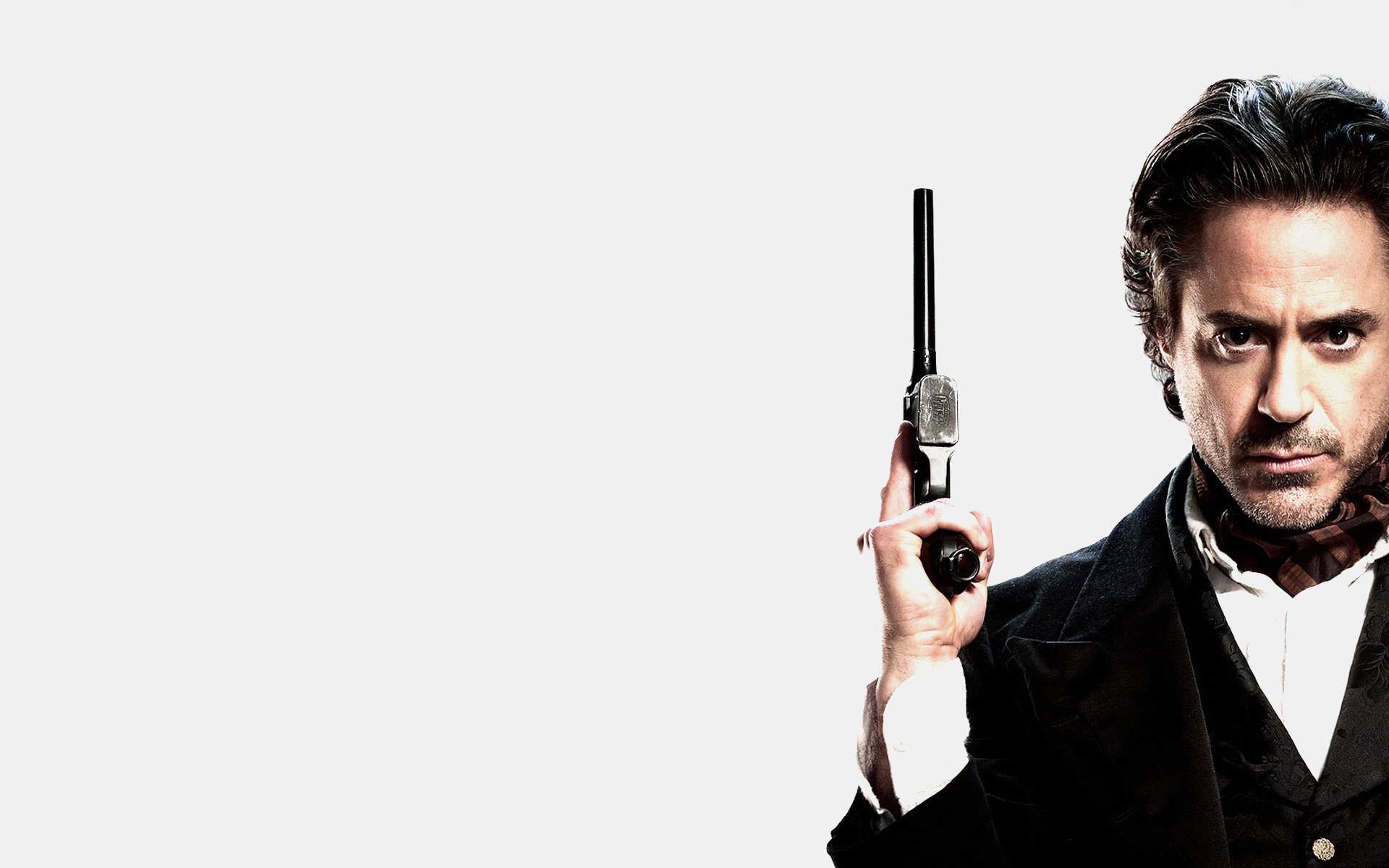 sherlock holmes robert downey jr. pistolet fond blanc pas un bon regard