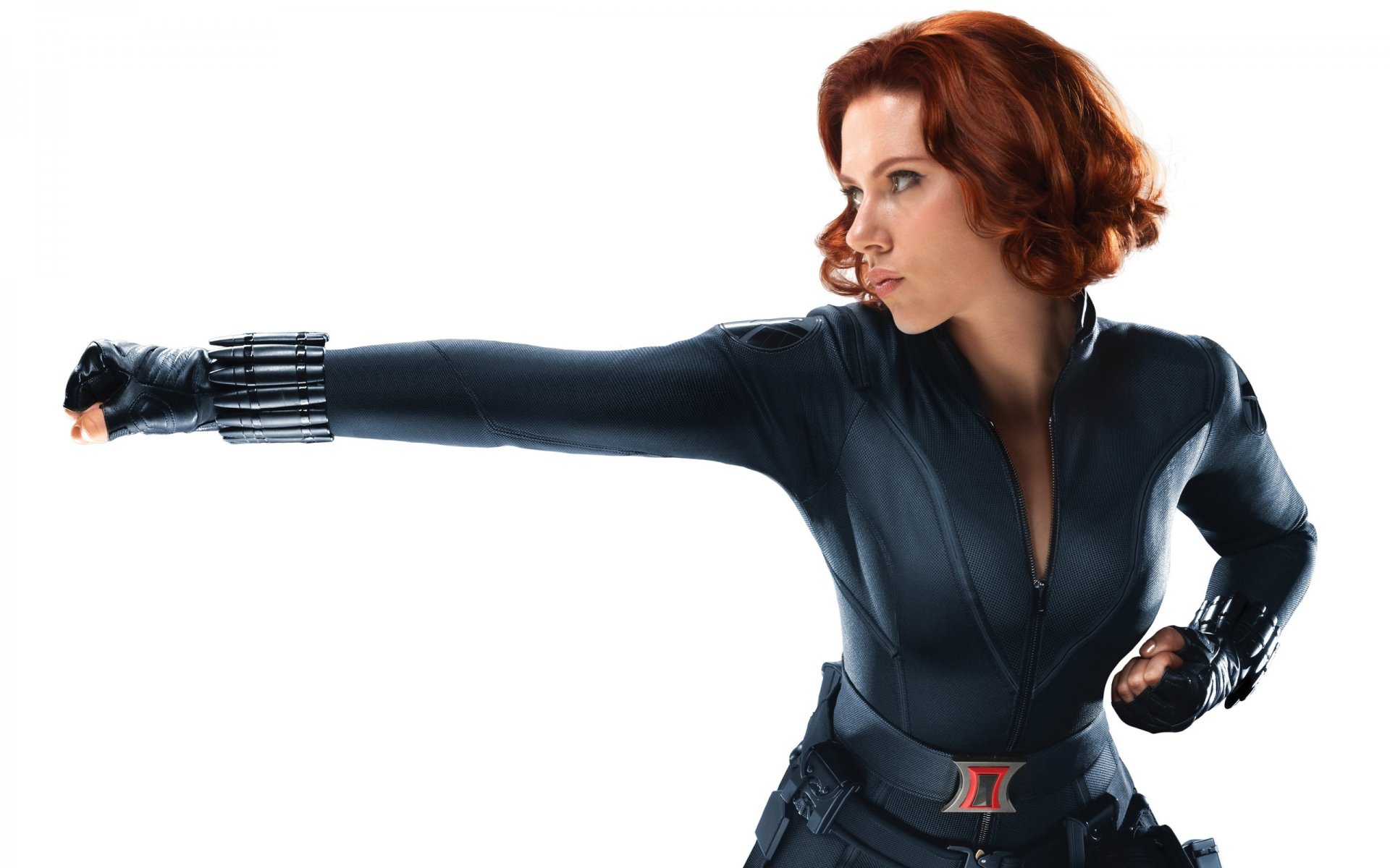 carlett johansson black widow avengers suit pose view