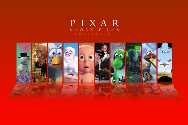 Collection of Pixar short films on a red background