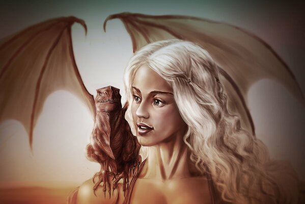 Daenerys Targaryen de Juego de Tronos con un dragón en el hombro