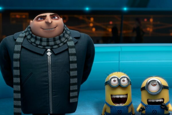 GRU y dos minions de dibujos animados Despicable me 2