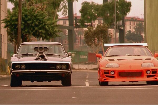 A shot from the movie fast and furious two racing cars