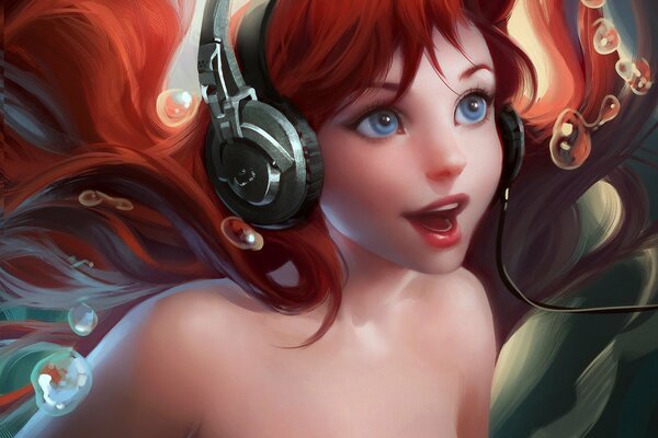 The little mermaid Ariel with headphones around bubbles