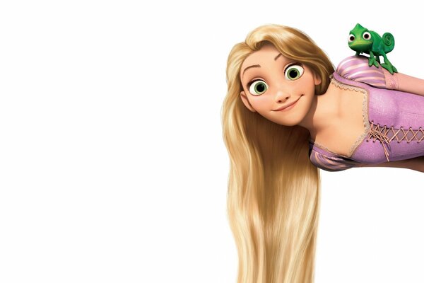 Rapunzel con camaleón sobre fondo blanco