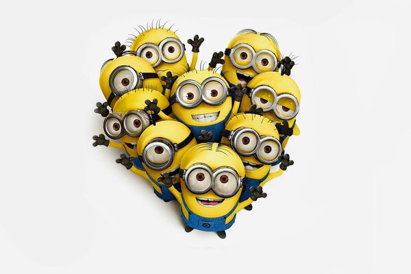 Grupo de minions de pie en forma de corazón