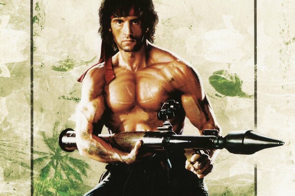 Sylvester Stallone mit einem Raketenwerfer aus dem Rambo-Film