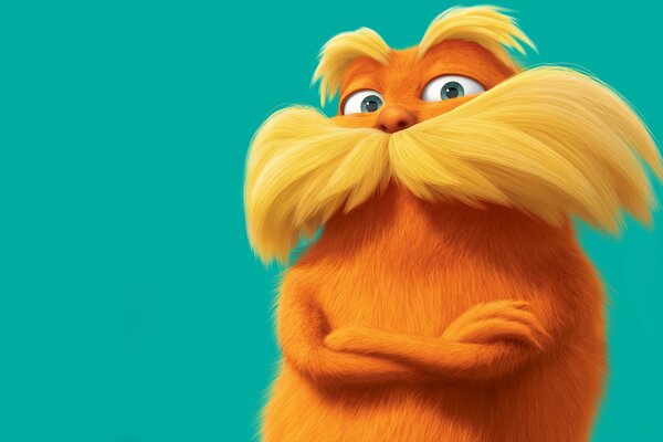 Orange Schnurrbart Lorax auf blauem Hintergrund