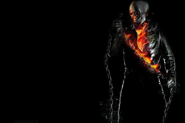 On a black background, a ghost rider