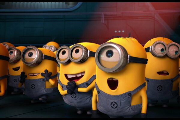 A group of minions looks on in surprise