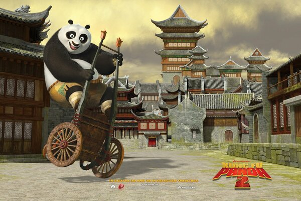 Kung Fu Panda 2 cavalca un carrello davanti al tempio