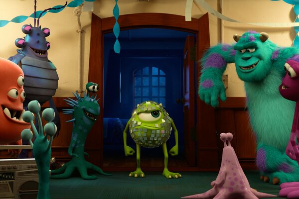 Disgruntled Mike Wazowski at a party at the Monster Academy