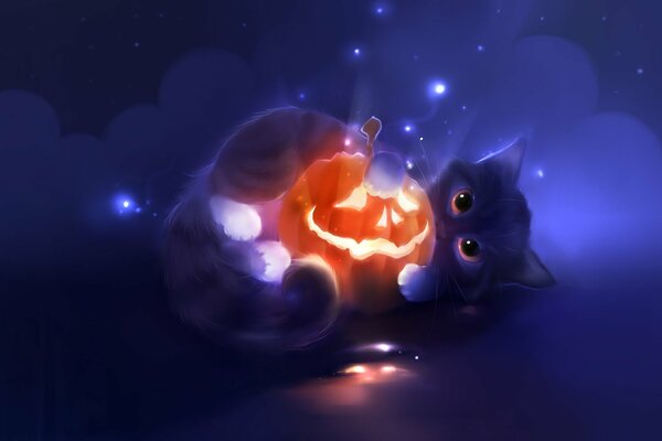 Gatito de dibujos animados con calabaza de Halloween