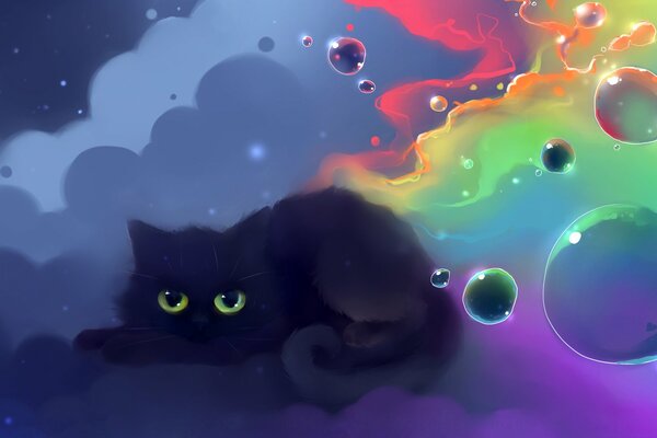 A black cat is resting on a magic cloud