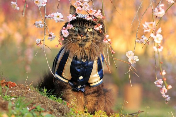 Gatto in vestiti vicino ai rami di fiori di ciliegio