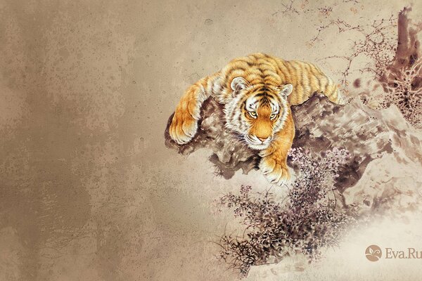 Drawing of an animal. Tiger Jump