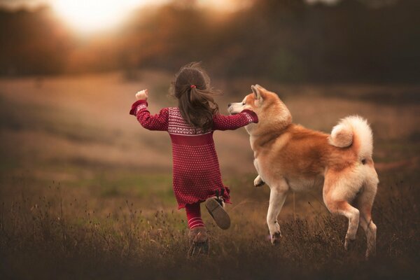 La amistad de un perro y una niña en medio de la naturaleza