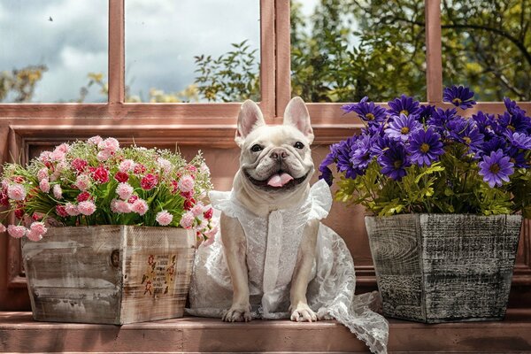 A dog in a dress among flowers