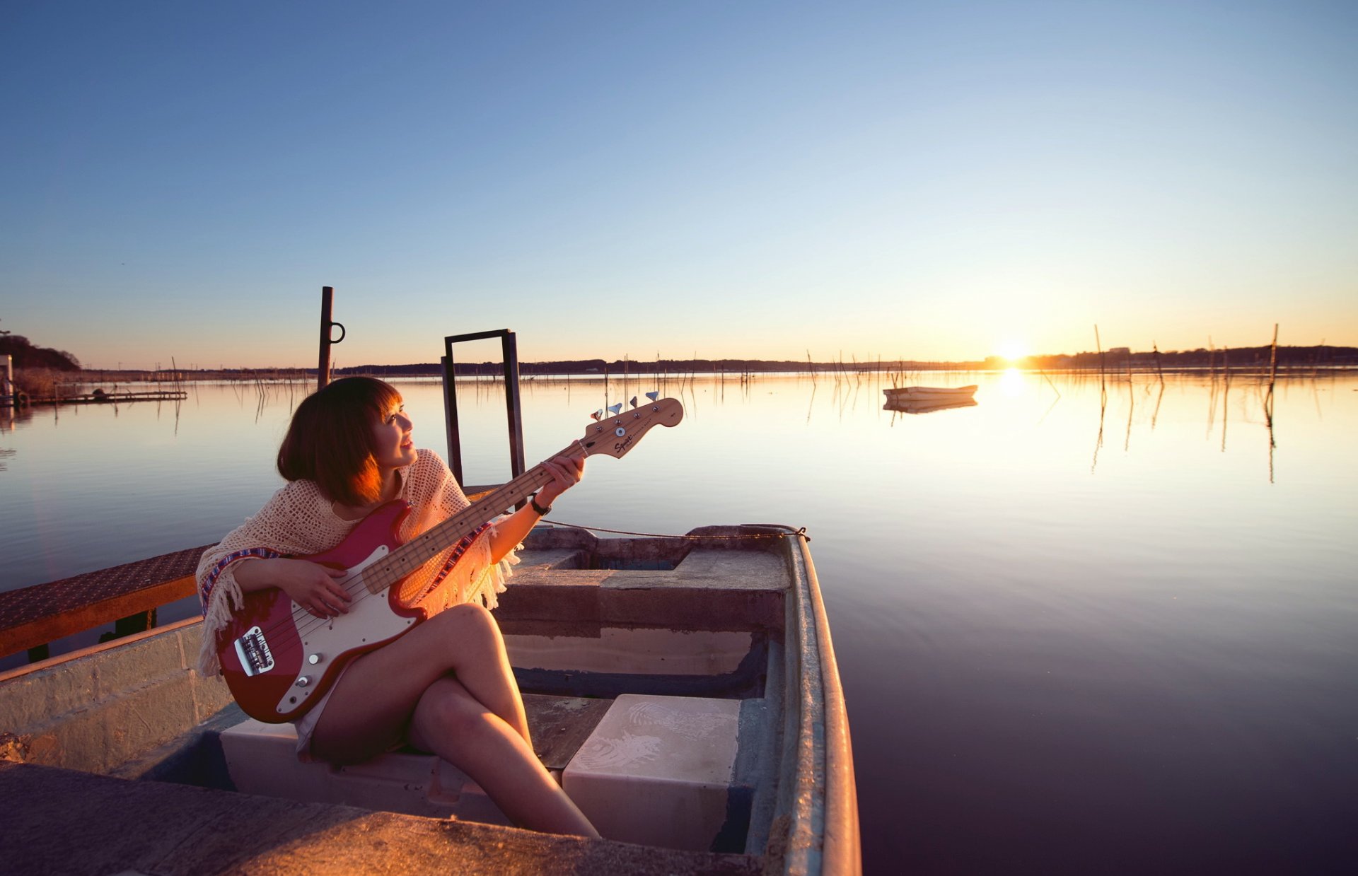 girl guitars music lake boat