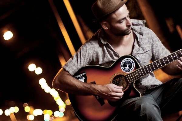 Straße Nachtlichter Gitarre Musik Mann