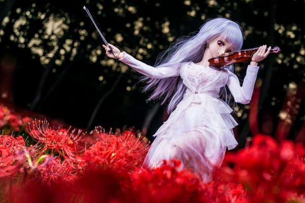 Anime-Puppe mit Violine in roten Farben