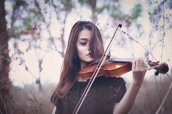 A beautiful girl plays a violin in the forest