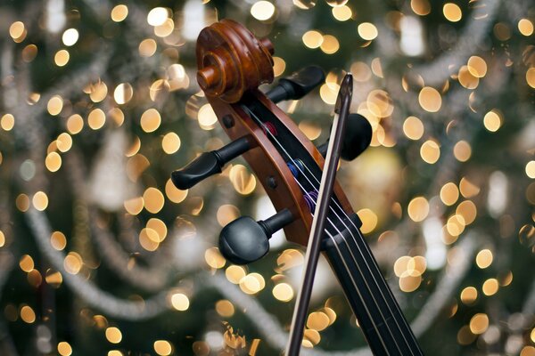 The bow and neck of the cello on a shiny background