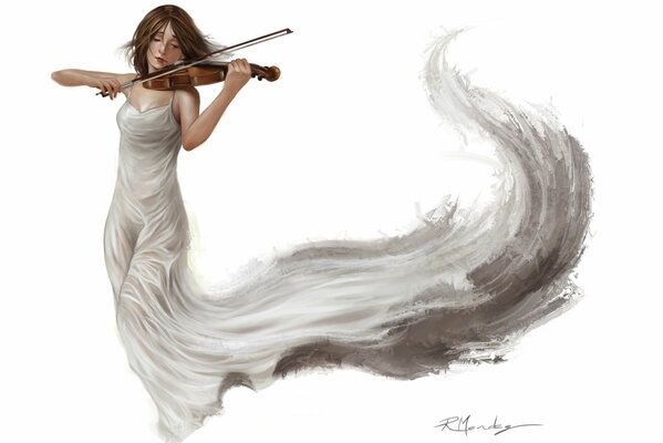 A girl plays the violin in a white dress