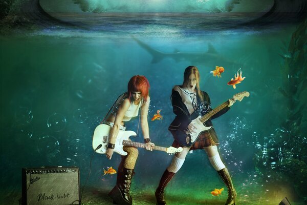 Concert of girls with guitars under water