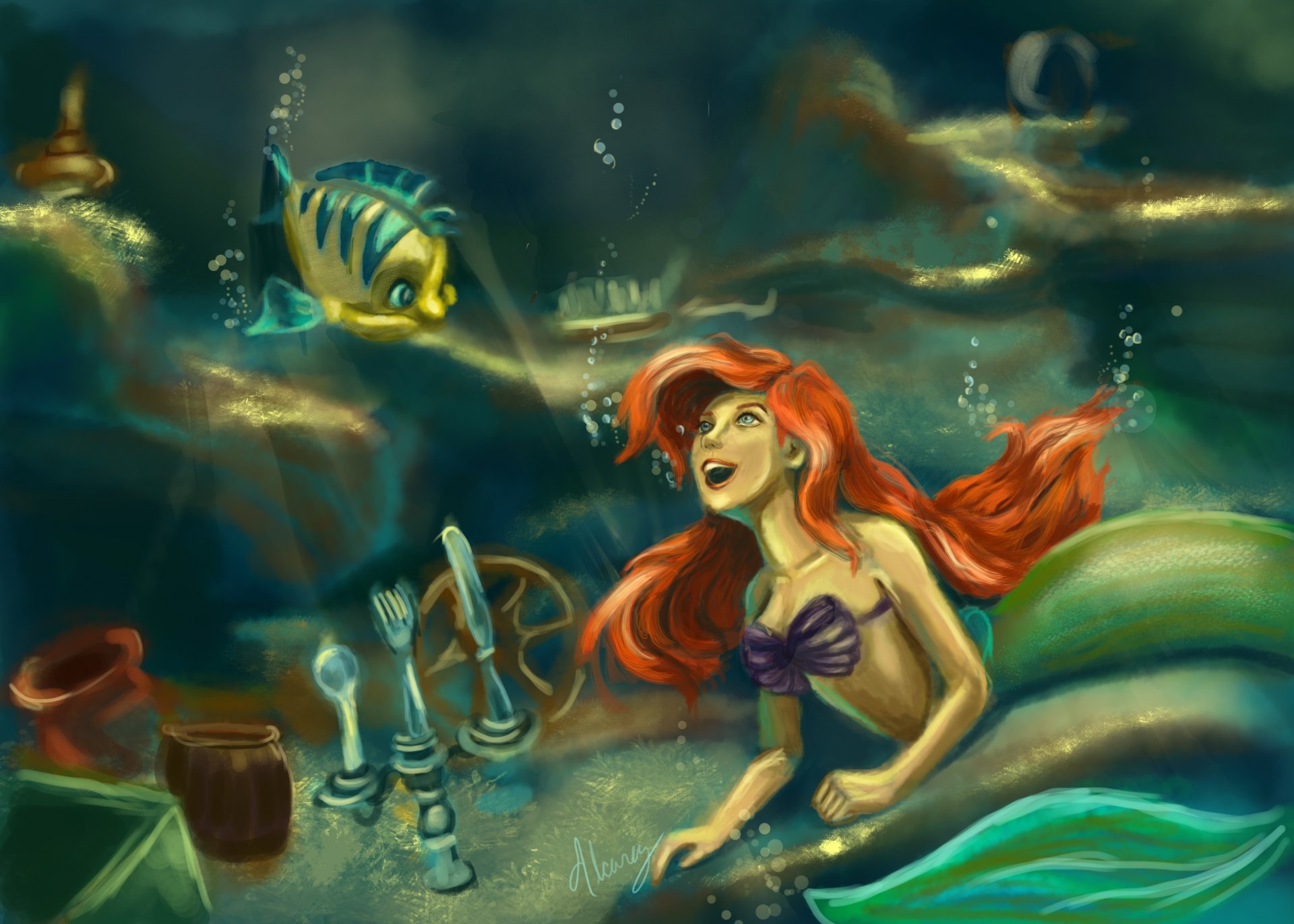 arte sirena sirena ariel bajo el agua peces peces muebles tenedores cucharas candelero burbujas