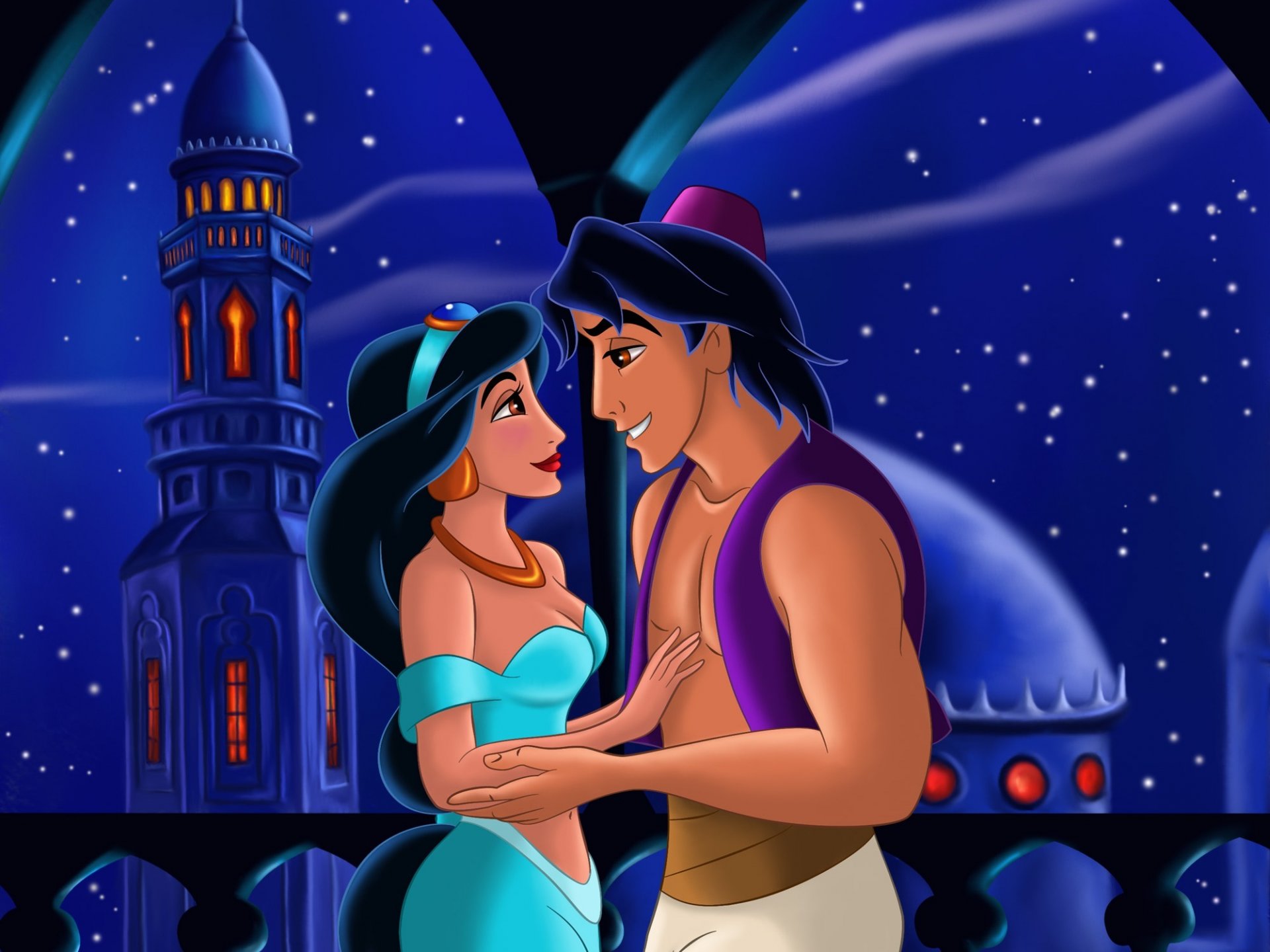 aladdin für immer zusammen walt disney fanart film animationsfilm arabian night märchen liebesgeschichte prinzessin jasmin cartoon arabische nacht orient bagdad liebe balkon minarett bogen okn