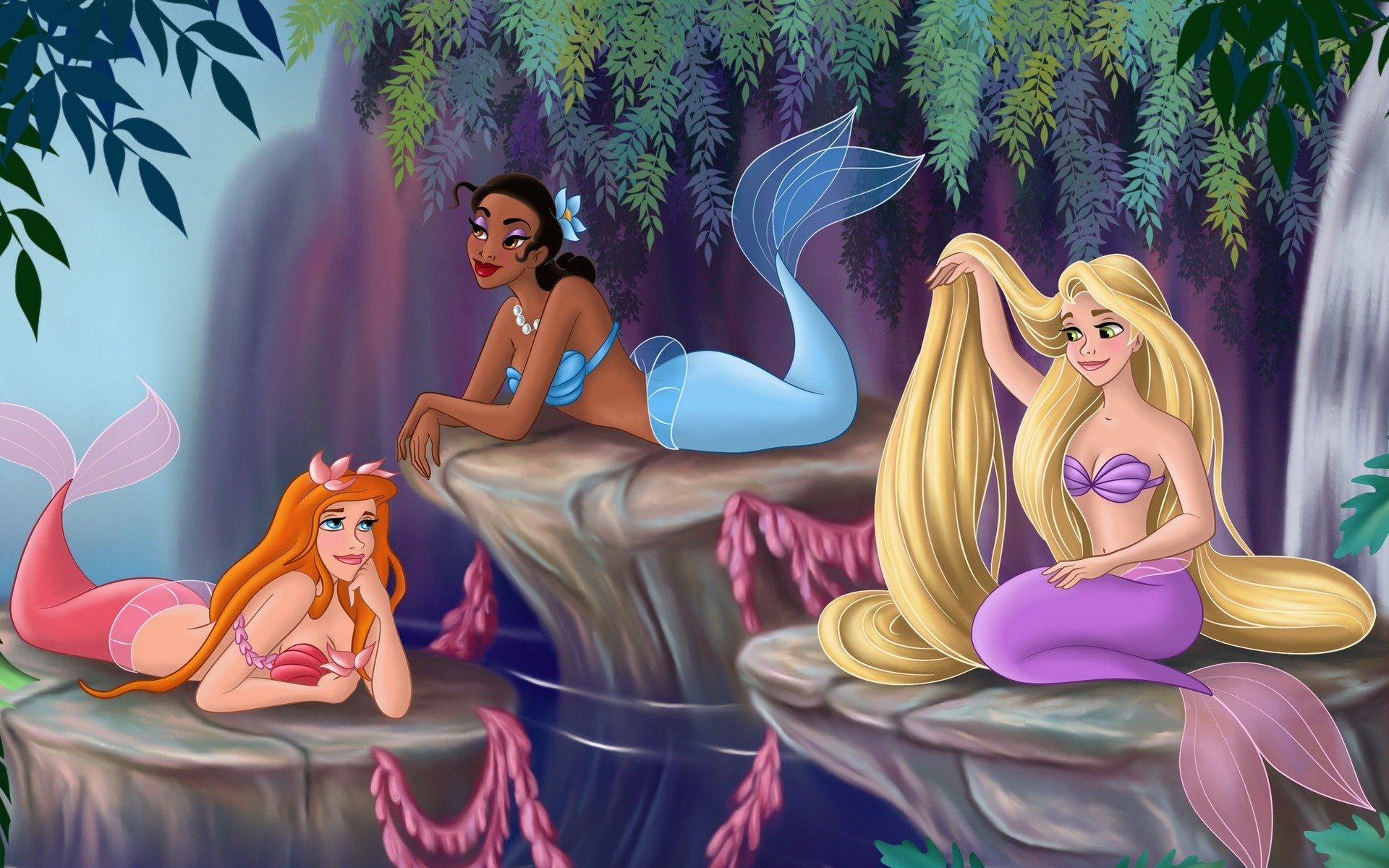 sirenas walt disney princesas fanart rapunzel tiana giselle belleza cuento de hadas bellezas bosque árboles cascada