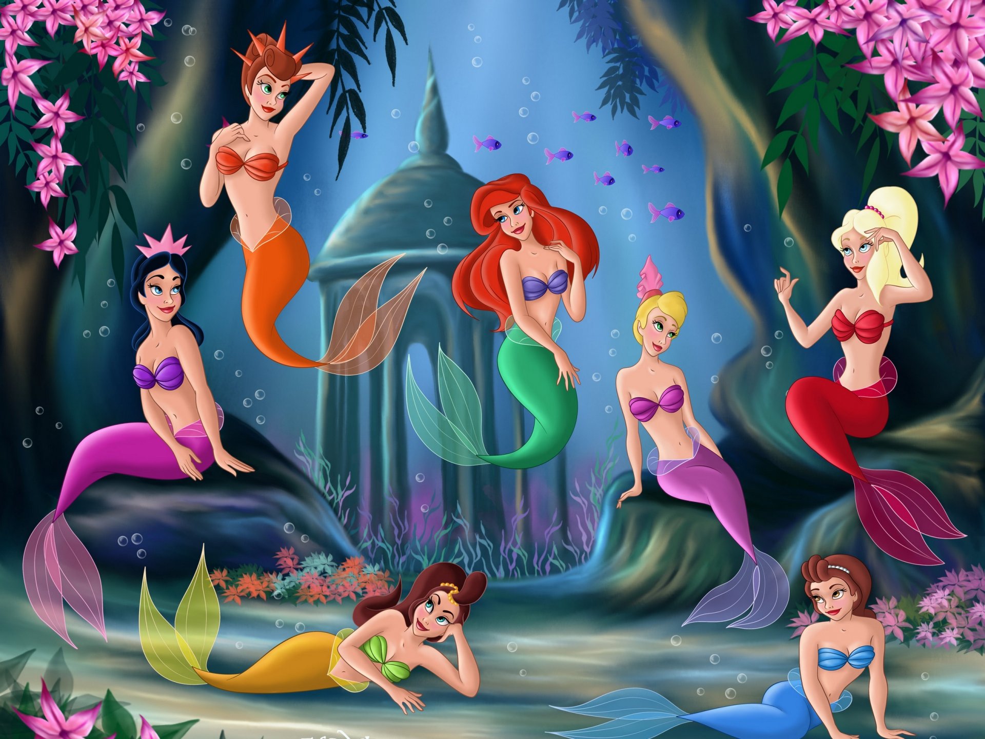 little mermaid fanart movie animated movie walt disney princess ariel aquata attina adella alana arista andrina sisters fairy tale sea castle flowers underworld little mermaid cartoon mermaid aquata att