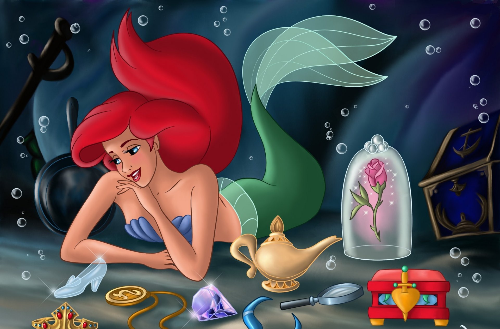 kleine meerjungfrau schatz ariel fanart animationsfilm walt disney prinzessin ariel märchen meer schloss blumen fantasy-welt kleine meerjungfrau cartoon meerjungfrau unterwasserwelt truhe schatz spule