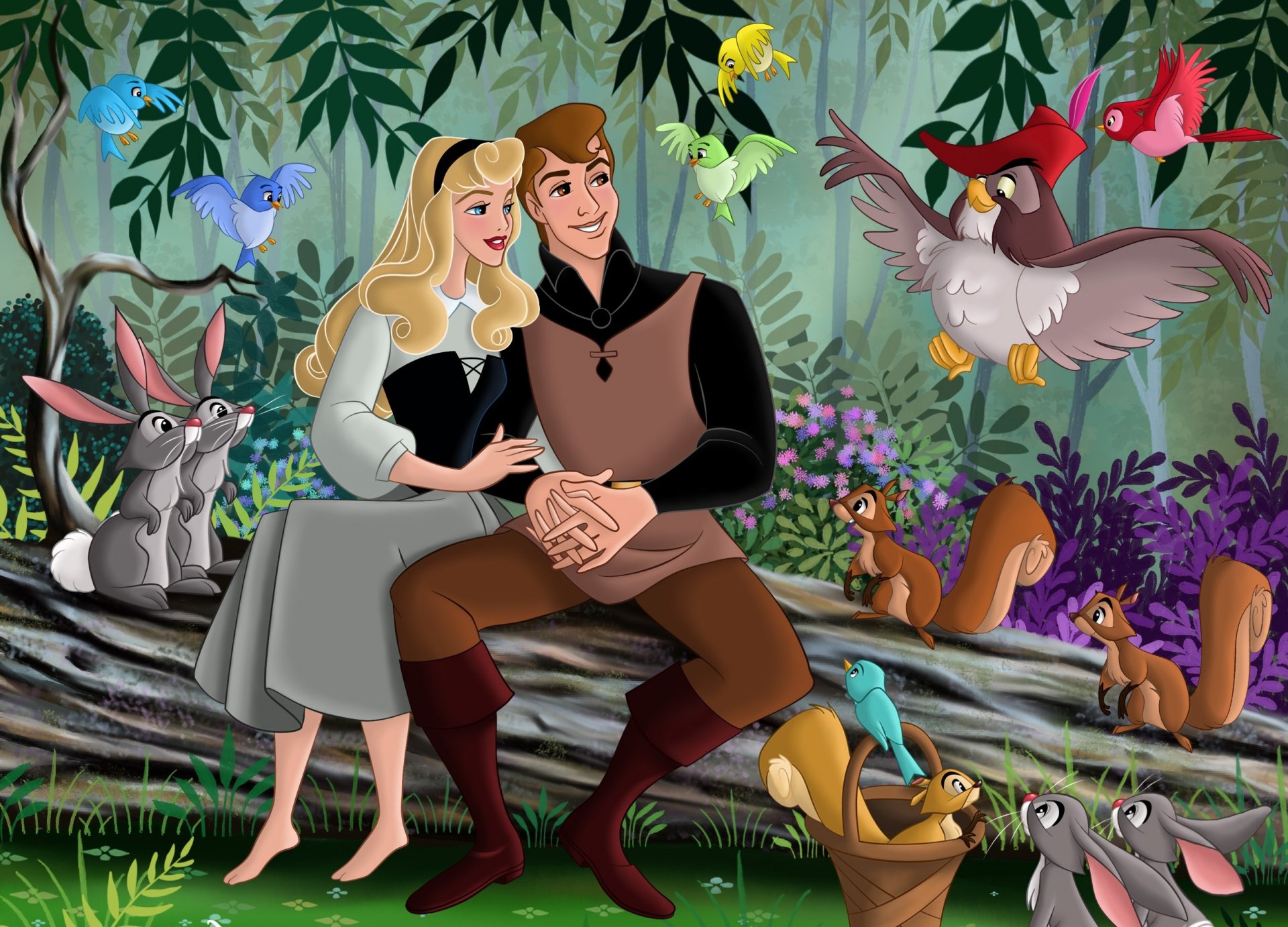 dornröschen walt disney fanart kino animationsfilm märchen prinzessin polarlicht philip wald blumen freunde vögel cartoon aurora rose prinz hasen eichhörnchen