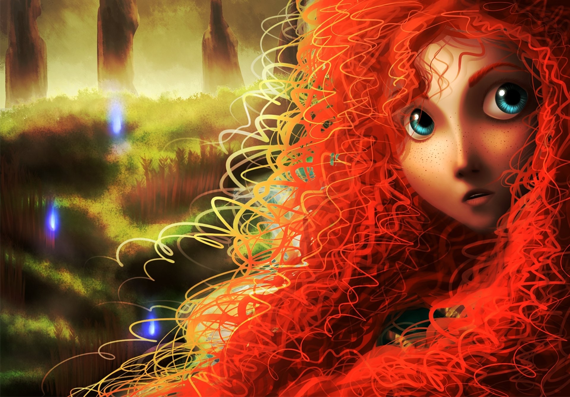 art merida fille rousse boucles visage taches de rousseur forêt lumières