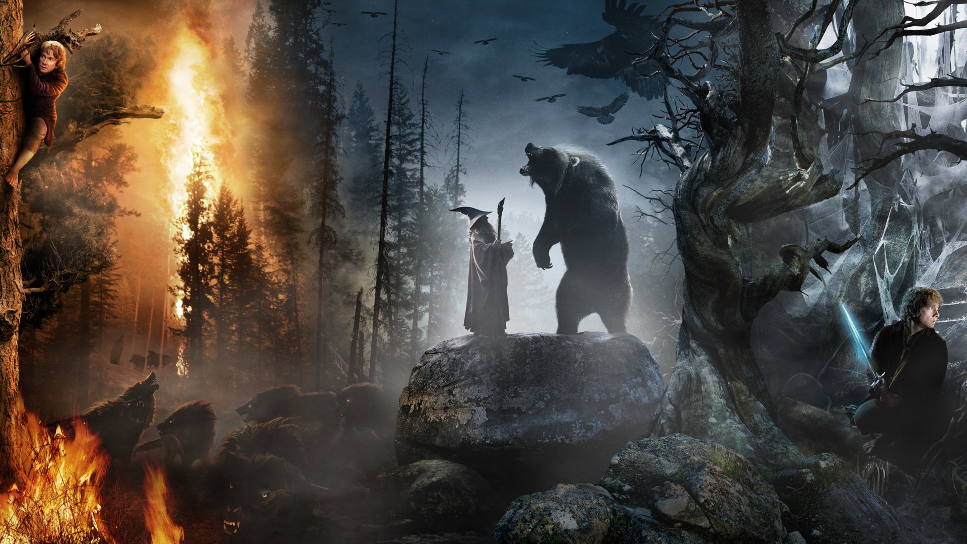 hobbit unexpected journey gandalf the grey gandalf the lord of the rings bilbo bear collage forest fire fire sword staff sting hornet stones boulders hat raven wolves beast