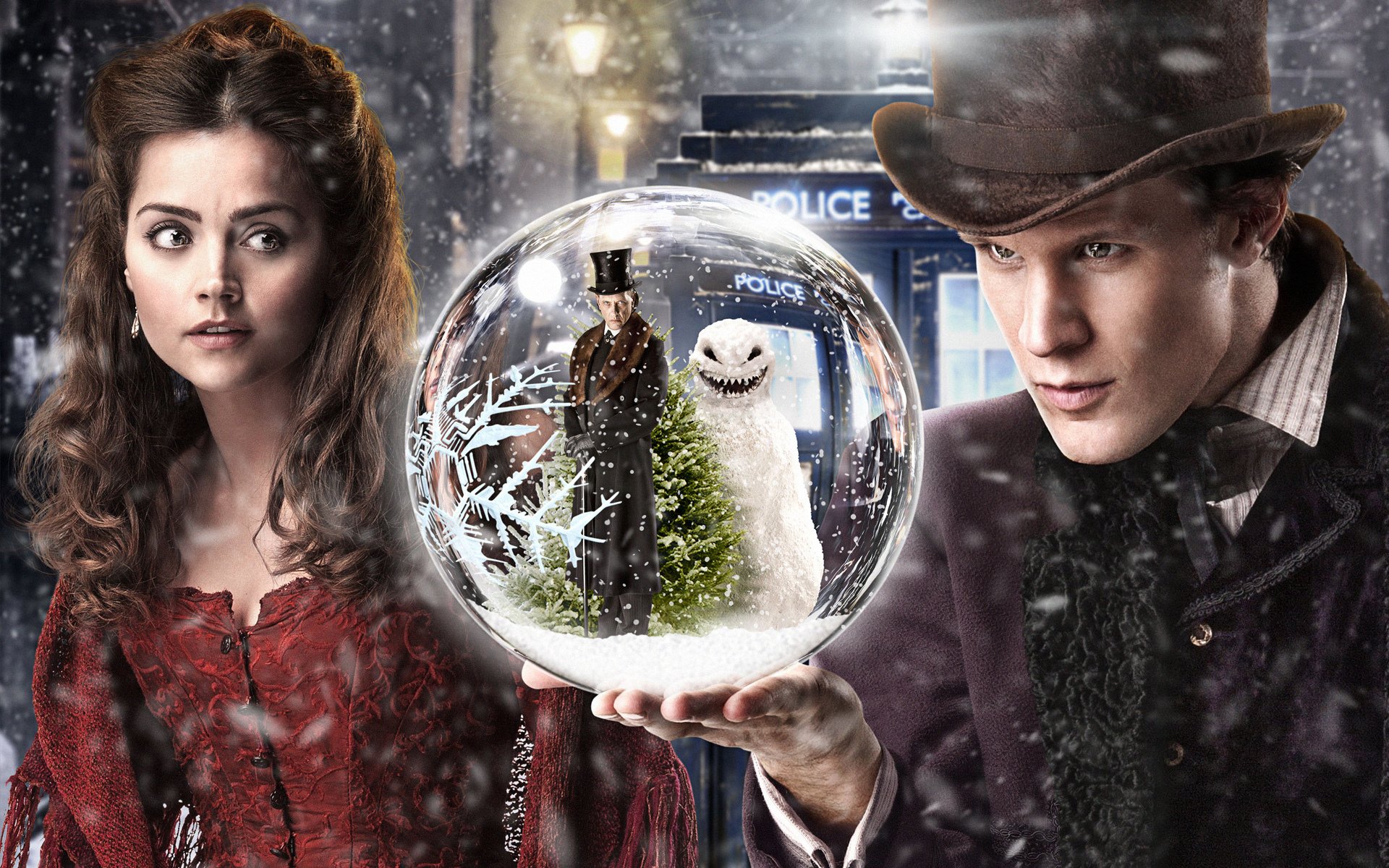 doctor who palla neve strada uomo pupazzo di neve albero di natale ragazza cappello cabina matt smith lanterne jenna-louise coleman