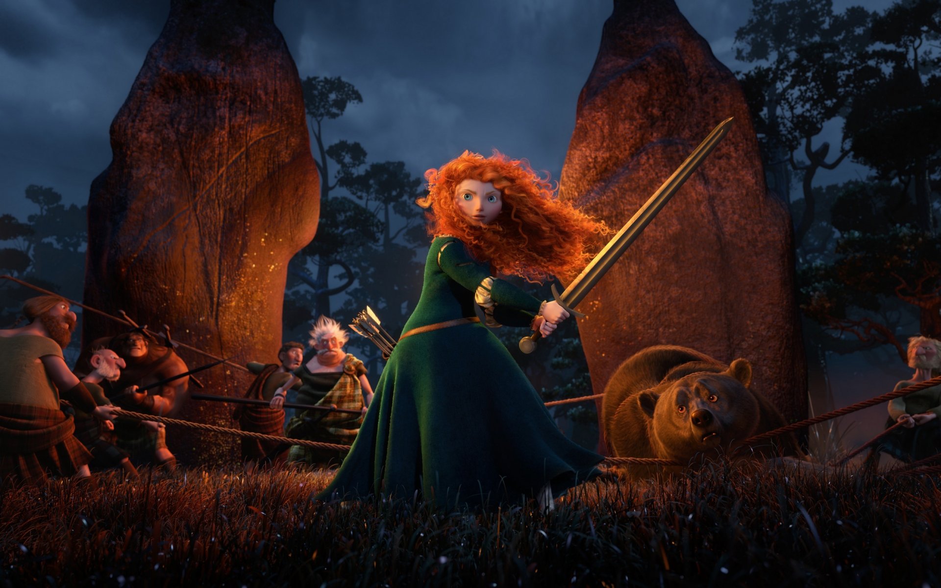 película disney pixar escocia princesa archer mérida pelo rojo oso corazón valiente dibujos animados pixar chica pelirroja arquera guerrero escoceses dólmenes