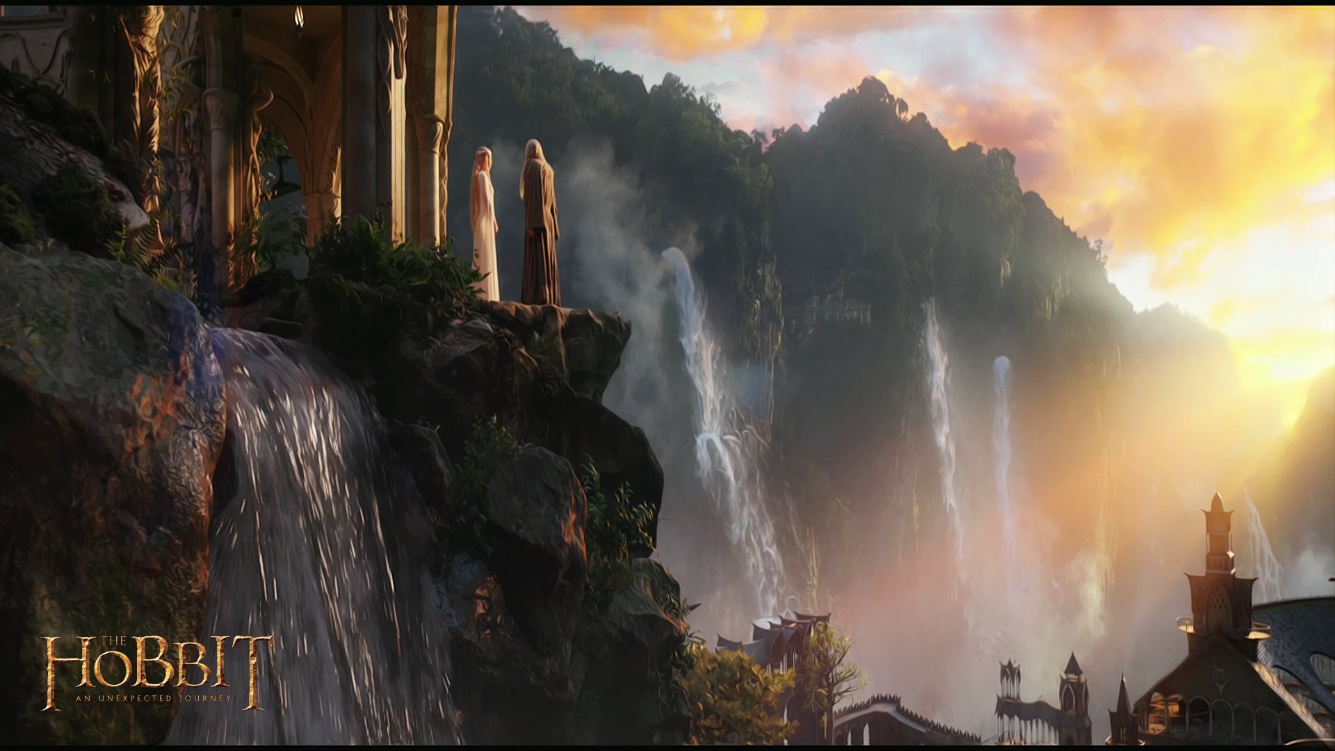 hobbit there and back unexpected journey gandalf lady galadriel master elf elf castle rivendell sunset waterfalls there and back unexpected journey galadriel wizard waterfall forest cliff