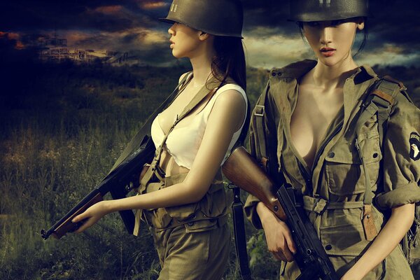 Two beautiful girls at war