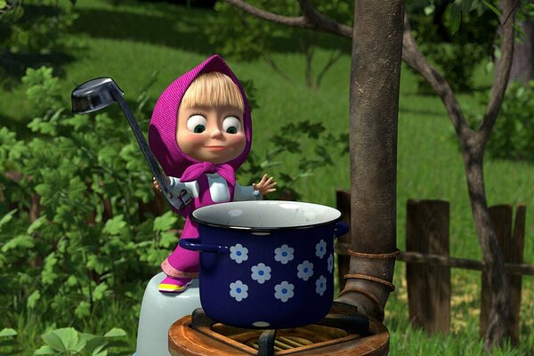 Masha con un cocinero cerca de una olla con gachas en el Jardín del oso