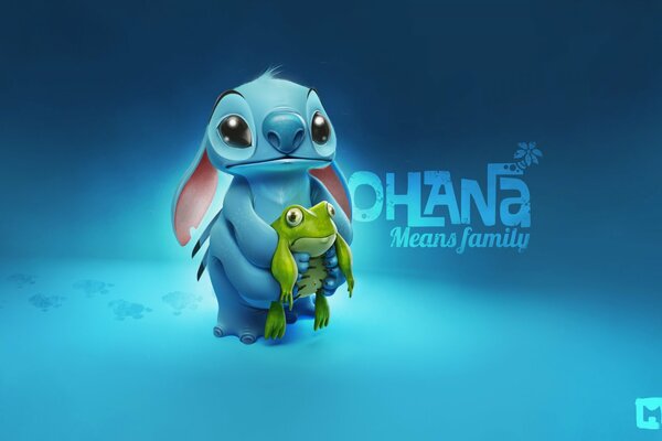 Stich mit einem Frosch auf dem Hintergrund der Inschrift Ohana bedeutet Familie 