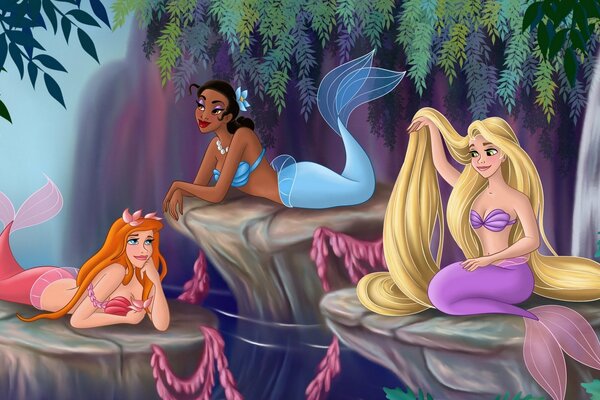 Cute little mermaids among the waterfall