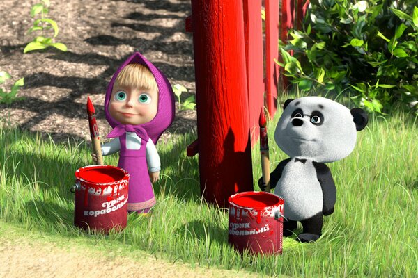 Mascha mit Farbe und Panda aus dem Cartoon