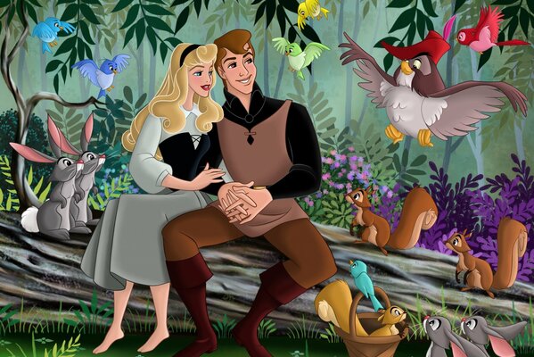 Sleeping beauty and prince surrounded by animals from the fairy forest