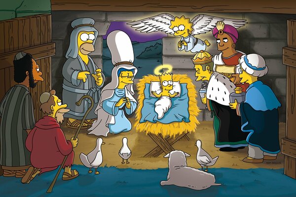 Weihnachten bei den Simpsons mit Bart als Baby und Lisa mit Flügeln darüber