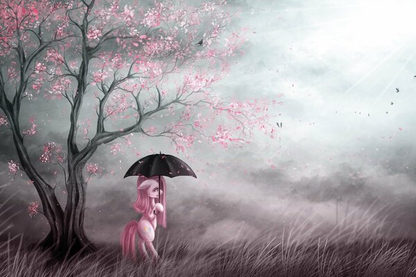 Art Pink Little Pony se encuentra debajo de un árbol con un paraguas