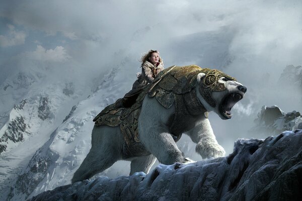 A girl on a polar bear in armor